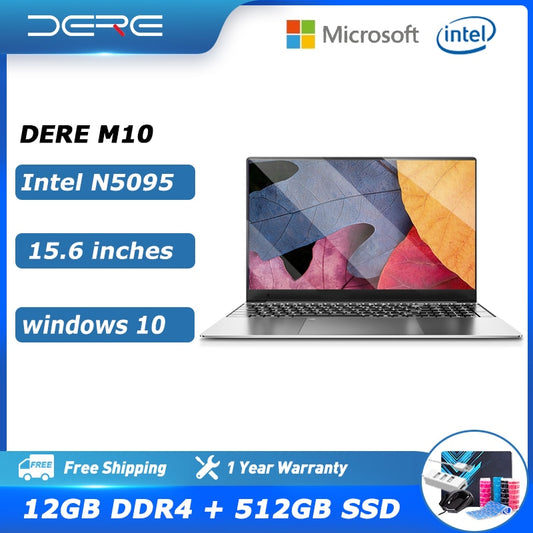 Dere Laptop MBook M10 15.6 inch Intel Celeron N5095 12G RAM 512GB SSD Dual Band WiFi Ultra Clear Pack Laptop Windows 10 Notebook