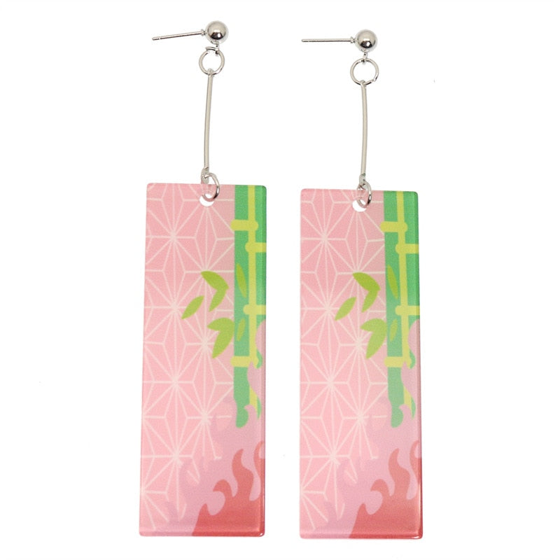 Fashion Acrylic Tanjiro Earrings Demon Slayer Earrings Anime Cosplay Props Hanafuda Drop Long Earrings for Women Girls Jewelry