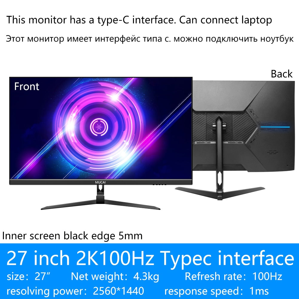 MUCAI 24/27 Inch 2K Monitor 75Hz Desktop PC Lcd QHD Display Gaming 100Hz Panel Screen Computer LED 2560*1440 HDMI-compatib/DP