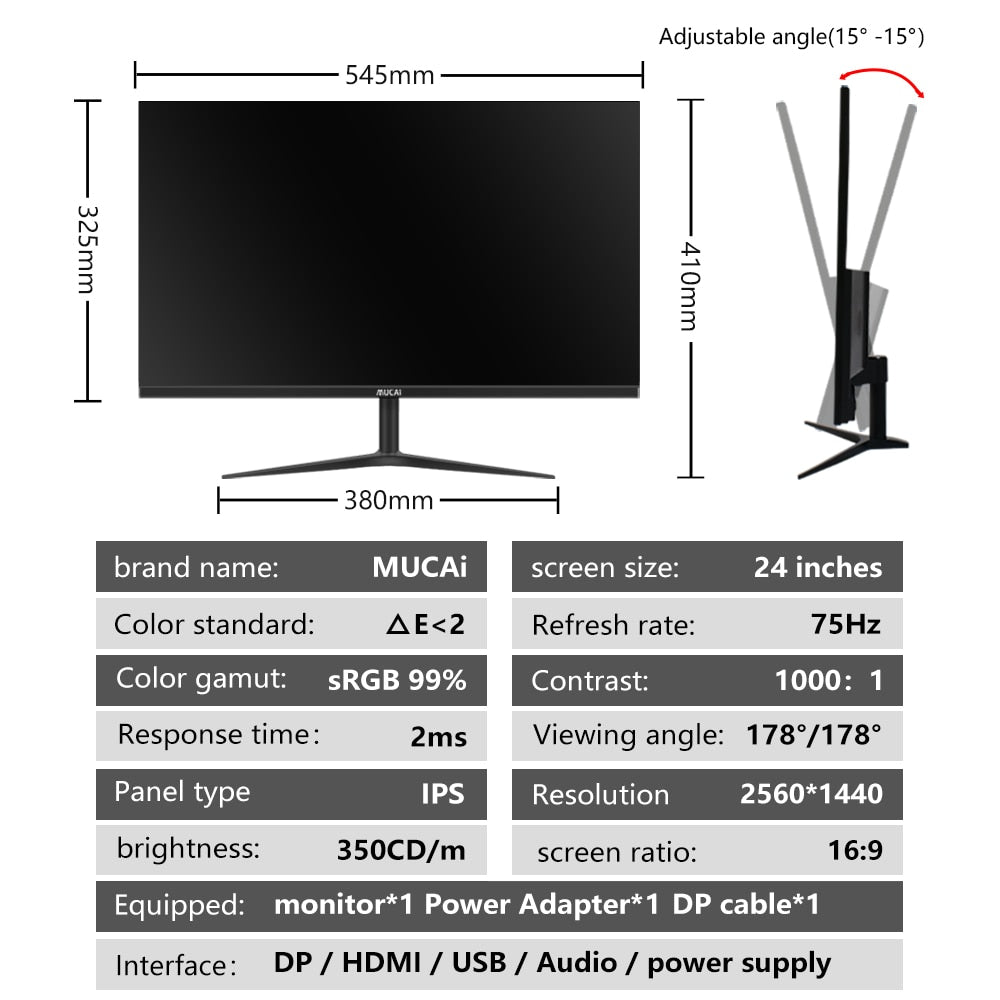 MUCAI 24/27 Inch 2K Monitor 75Hz Desktop PC Lcd QHD Display Gaming 100Hz Panel Screen Computer LED 2560*1440 HDMI-compatib/DP