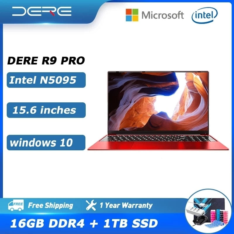 DERE R9 Pro Laptop 15.6 inch 16GB RAM 1TB SSD Intel Celeron N5095 Dual Band WiFi Business Office Online Class Notebook Window 10